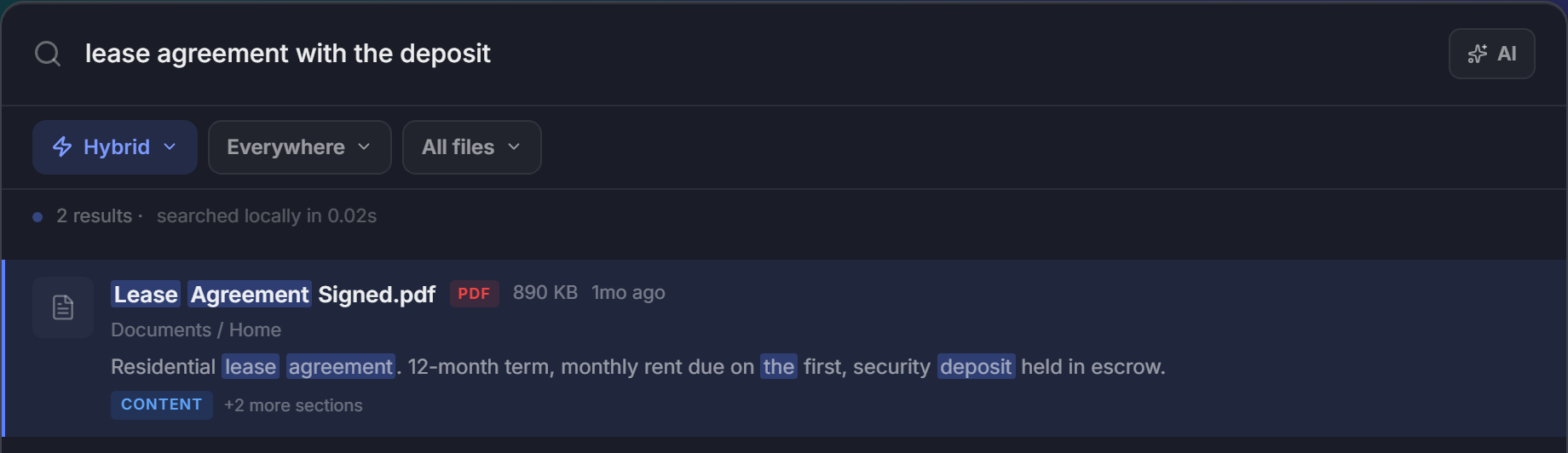 BeaconFind search overlay showing the query 'lease agreement with the deposit' matching a PDF on its contents, with the matching words highlighted and a CONTENT badge.